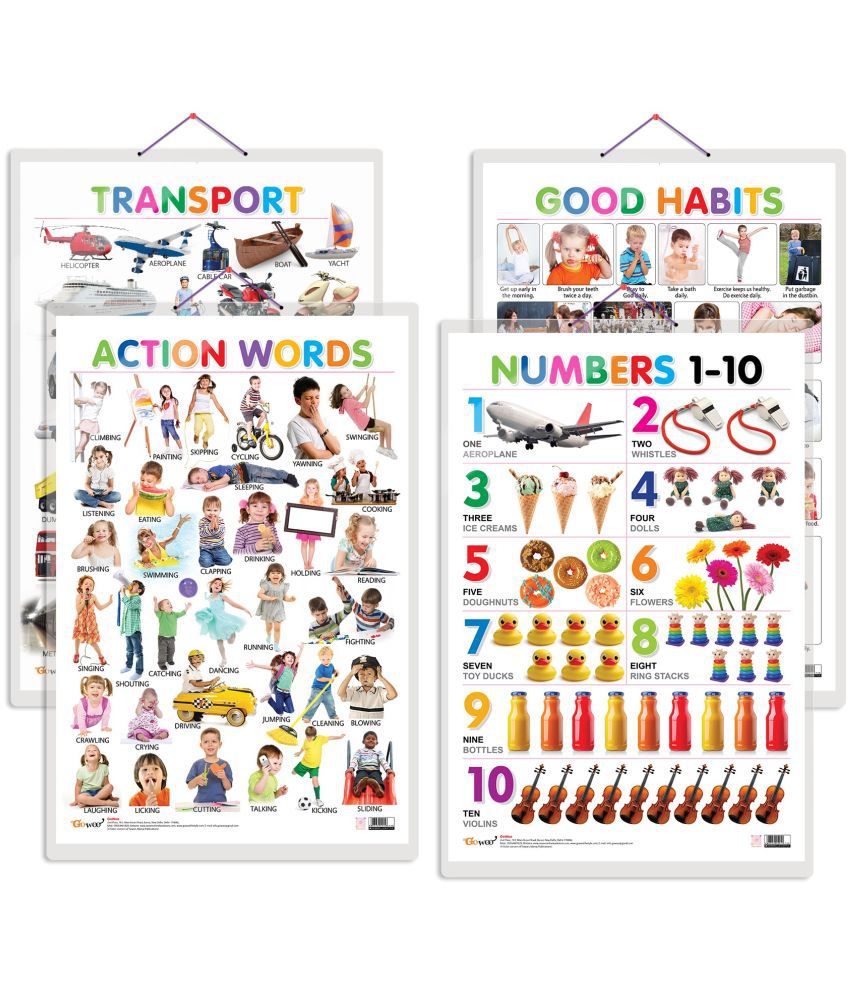     			Set of 4 Good Habits, Action Words, Transport and Numbers 1-10 Early Learning Educational Charts for Kids | 20"X30" inch |Non-Tearable and Waterproof | Double Sided Laminated | Perfect for Homeschooling, Kindergarten and Nursery Students
