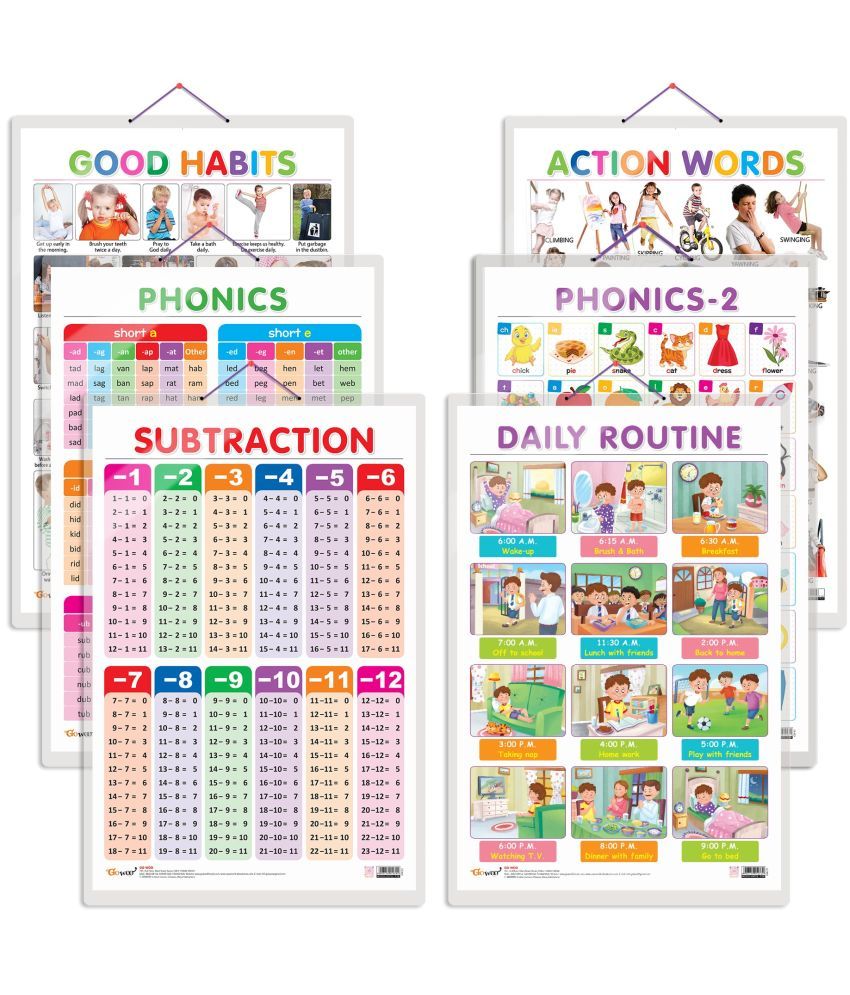     			Set of 6 Good Habits, Action Words, SUBTRACTION, DAILY ROUTINE, PHONICS - 1 and PHONICS - 2 Early Learning Educational Charts for Kids