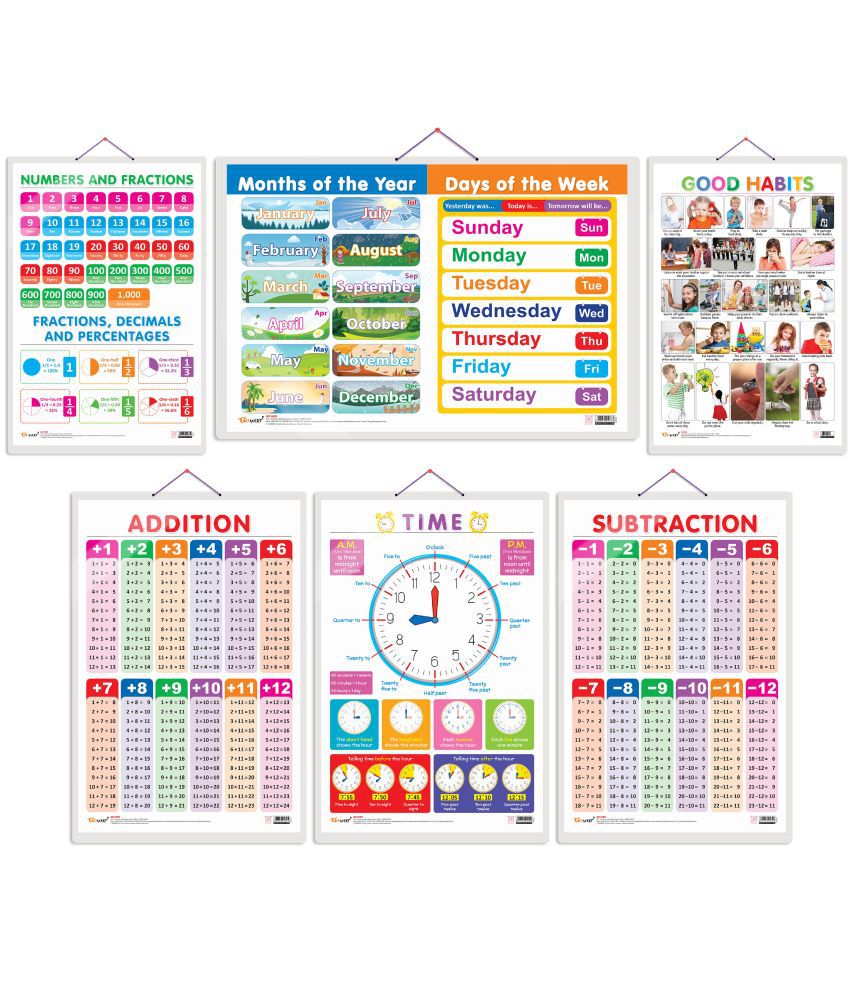     			Set of 6 Good Habits, SUBTRACTION, ADDITION, TIME, NUMBERS AND FRACTIONS and MONTHS OF THE YEAR AND DAYS OF THE WEEK Early Learning Educational Charts for Kids