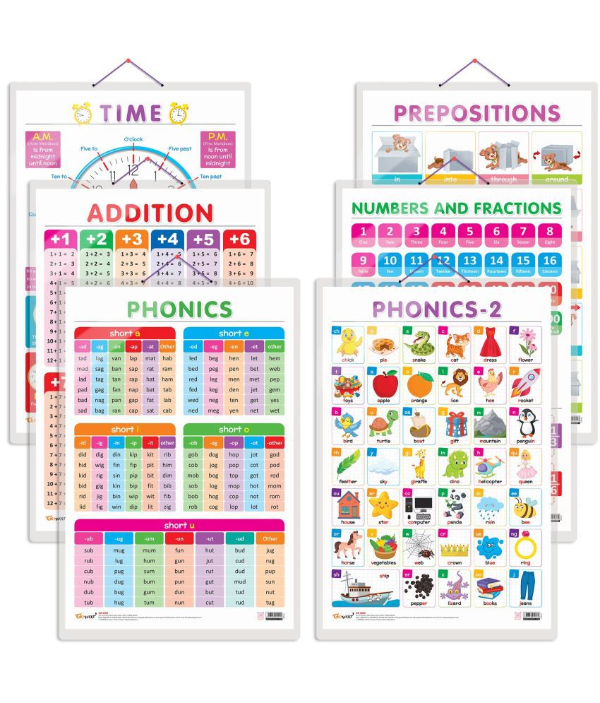     			Set of 6 TIME, ADDITION, NUMBERS AND FRACTIONS, PREPOSITIONS, PHONICS - 1 and PHONICS - 2  Early Learning Educational Charts for Kids
