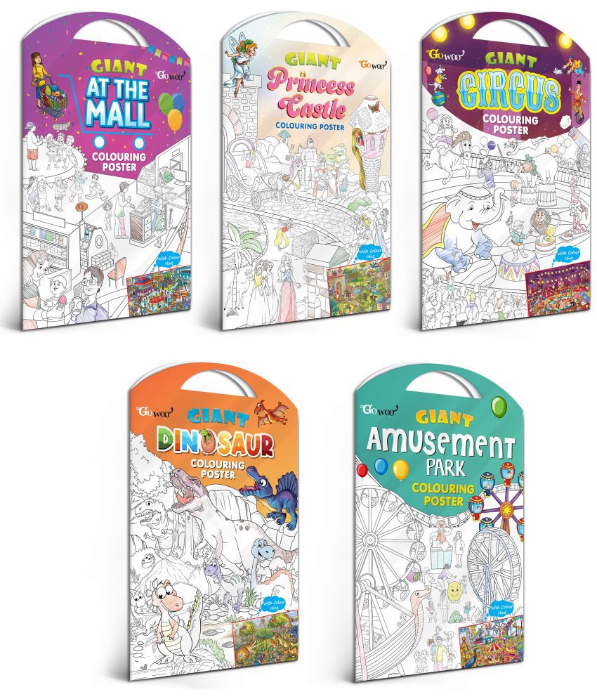    			GIANT AT THE MALL COLOURING POSTER, GIANT PRINCESS CASTLE COLOURING POSTER, GIANT CIRCUS COLOURING POSTER, GIANT DINOSAUR COLOURING POSTER and GIANT AMUSEMENT PARK COLOURING POSTER | Pack of 5 Posters I Dreamy Coloring Combo