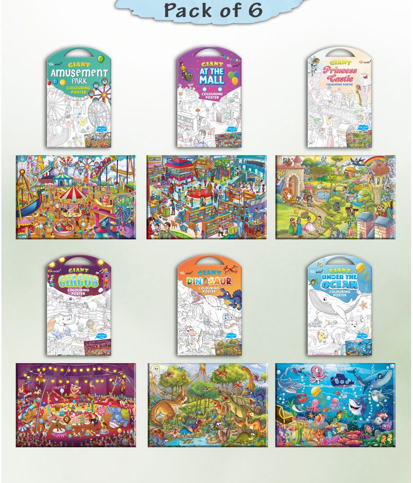     			GIANT AT THE MALL COLOURING , GIANT PRINCESS CASTLE COLOURING , GIANT CIRCUS COLOURING , GIANT DINOSAUR COLOURING , GIANT AMUSEMENT PARK COLOURING  and GIANT UNDER THE OCEAN COLOURING  | Combo of 2 s I Giant Coloring s Kit