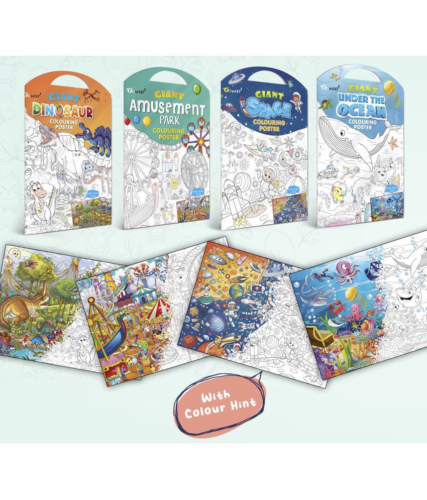     			GIANT DINOSAUR COLOURING POSTER, GIANT AMUSEMENT PARK COLOURING POSTER, GIANT SPACE COLOURING POSTER and GIANT UNDER THE OCEAN COLOURING POSTER | Gift Pack of 4 Posters I Exotic Escape Coloring Combo Set