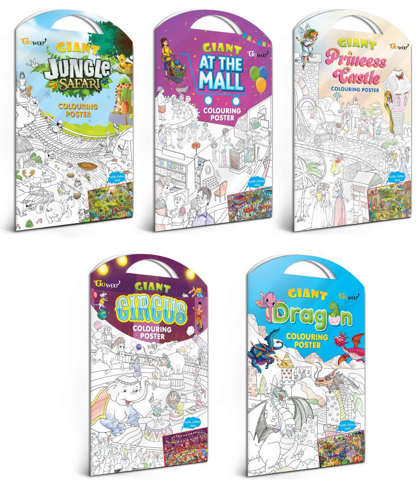     			GIANT JUNGLE SAFARI COLOURING POSTER, GIANT AT THE MALL COLOURING POSTER, GIANT PRINCESS CASTLE COLOURING POSTER, GIANT CIRCUS COLOURING POSTER and GIANT DRAGON COLOURING POSTER | Set of 5 Posters I Peaceful Coloring Combo