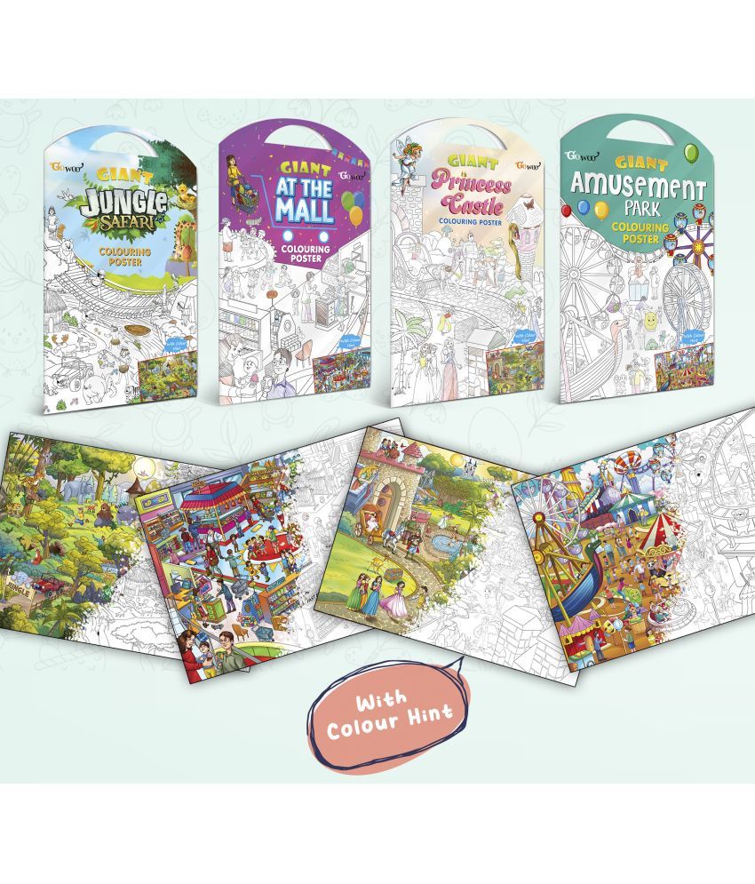     			GIANT JUNGLE SAFARI COLOURING POSTER, GIANT AT THE MALL COLOURING POSTER, GIANT PRINCESS CASTLE COLOURING POSTER and GIANT AMUSEMENT PARK COLOURING POSTER | Set of 4 Posters I large mindfulness colouring poster