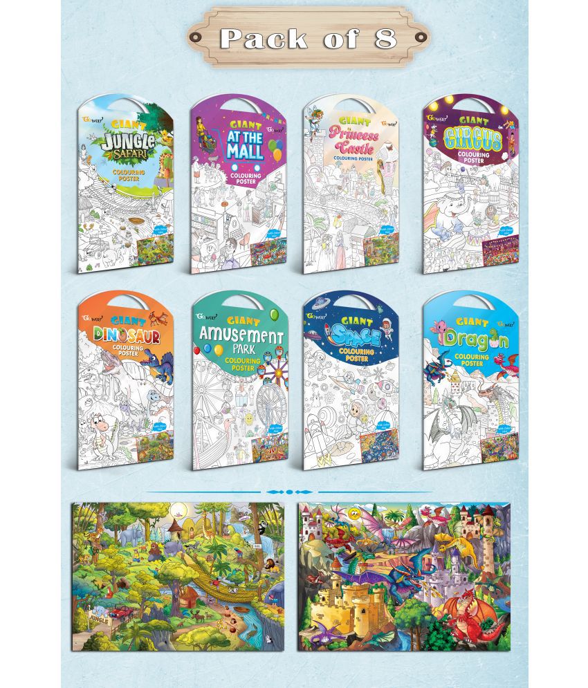     			GIANT JUNGLE SAFARI, GIANT AT THE MALL, GIANT PRINCESS CASTLE, GIANT CIRCUS, GIANT DINOSAUR, GIANT AMUSEMENT PARK, GIANT SPACE   and GIANT DRAGON   | Combo of 8 s I kids giant s to color