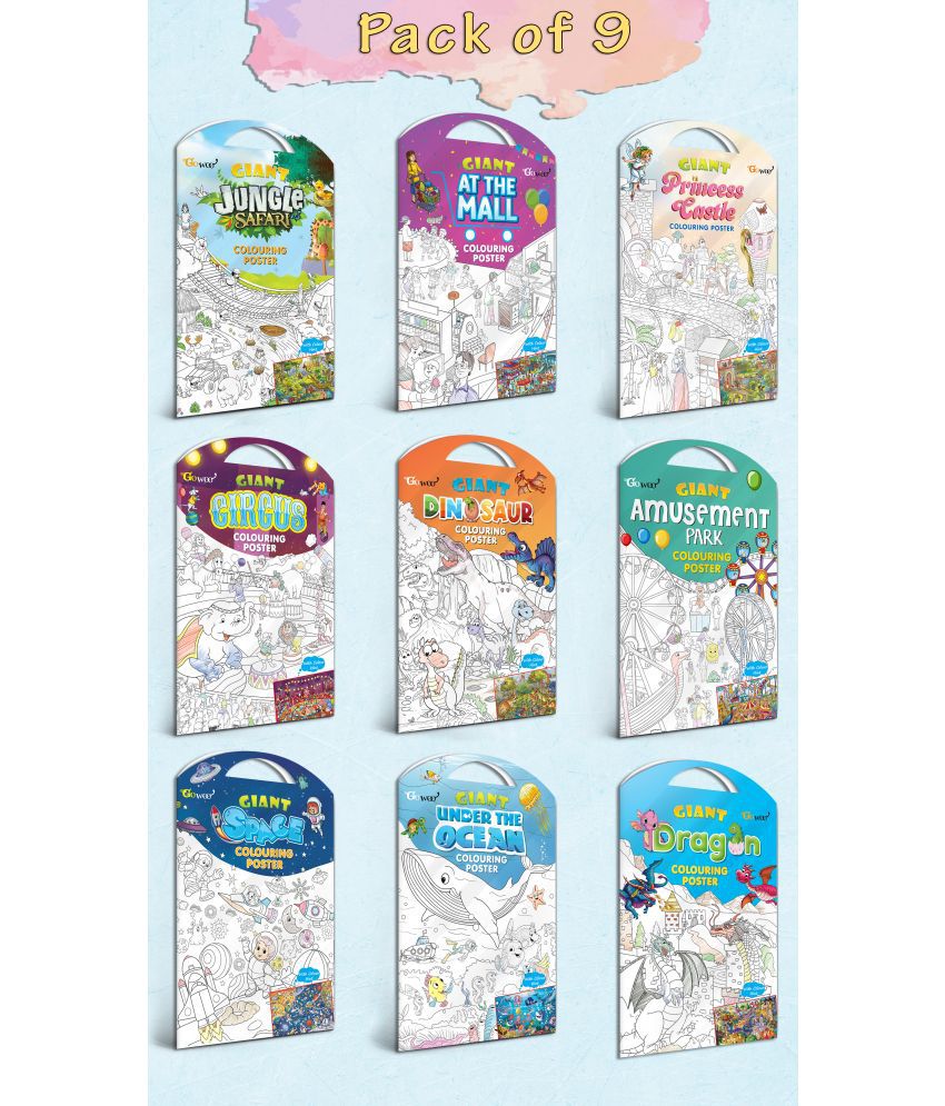     			GIANT JUNGLE SAFARI, GIANT AT THE MALL, GIANT PRINCESS CASTLE, GIANT CIRCUS, GIANT DINOSAUR, GIANT AMUSEMENT PARK, GIANT SPACE, GIANT UNDER THE OCEAN   and GIANT DRAGON   | Gift Pack of 9 s I  Coloring s jumbo Pack