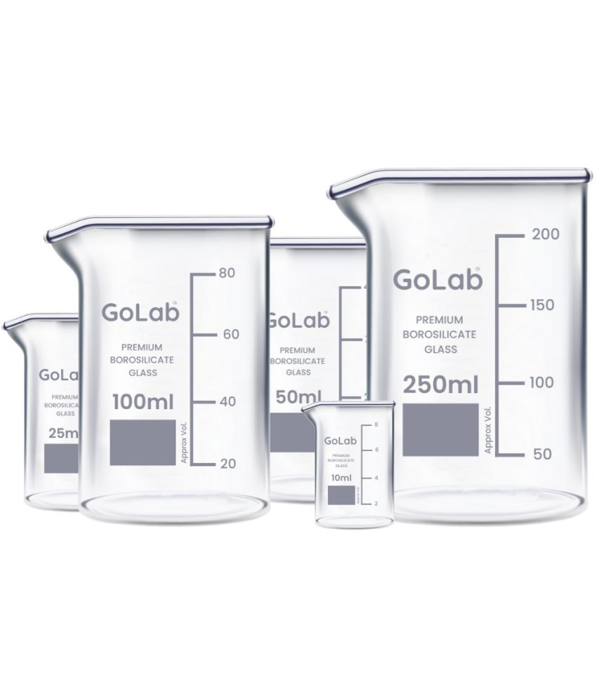     			GoLab Laboratory Premium Calibrated Borosilicate Glass Beaker Combo 10ml, 25ml, 50ml, 100ml, 250ml with Graduation Marks and Spout - Pack of 5
