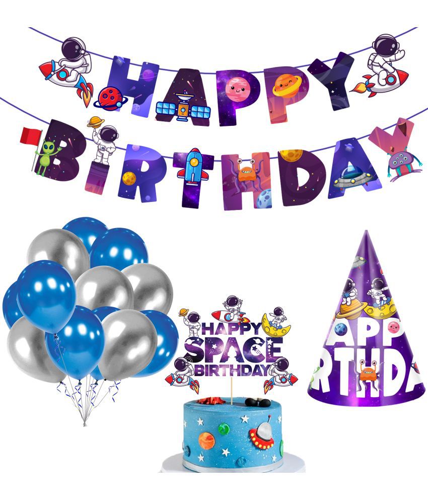     			Zyozi Space Kids Space Birthday Party Decoration - Blue Astronaut Spaceship Theme Happy Birthday Banner Hanging Solar System Spiral Planet Card Children's Gifts (Pack of 28)