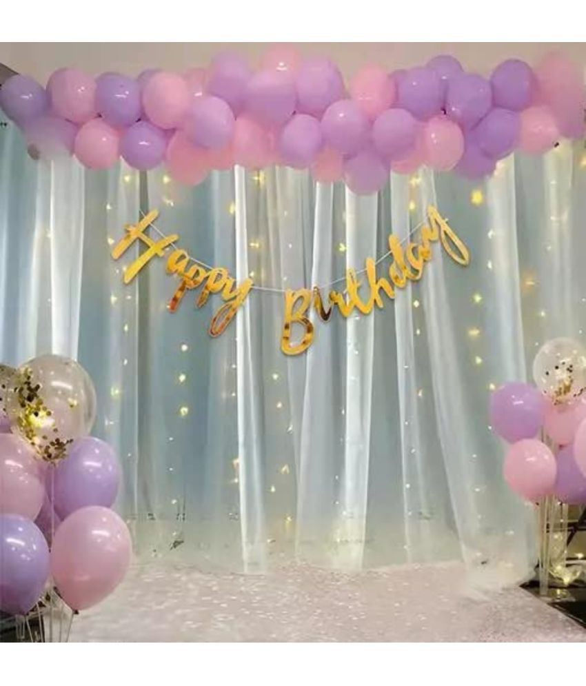     			Devdrishti Products Birthday Decoration theme Combo Kit with white net Curtain cloth and LED Light - 58 pcs, Pink and Purple Balloons, LED, Garland Arch strip, backdrop, princess, for girls