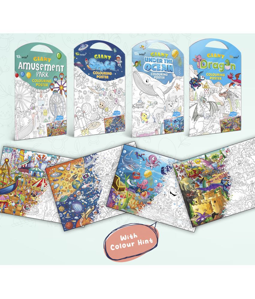     			GIANT AMUSEMENT PARK COLOURING POSTER, GIANT SPACE COLOURING POSTER, GIANT UNDER THE OCEAN COLOURING POSTER and GIANT DRAGON COLOURING POSTER | Combo of 4 Posters I jumbo colouring poster for 9+