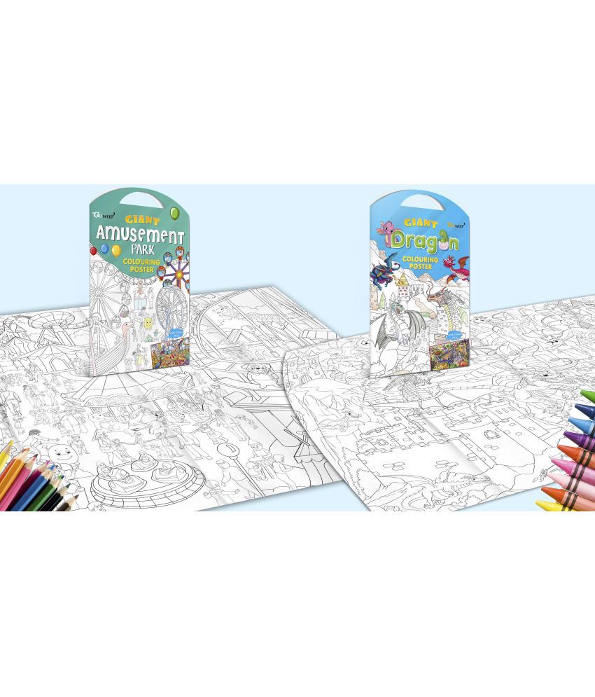     			GIANT AMUSEMENT PARK COLOURING POSTER and GIANT DRAGON COLOURING POSTER | Combo of 2 posters I Coloring poster gift set