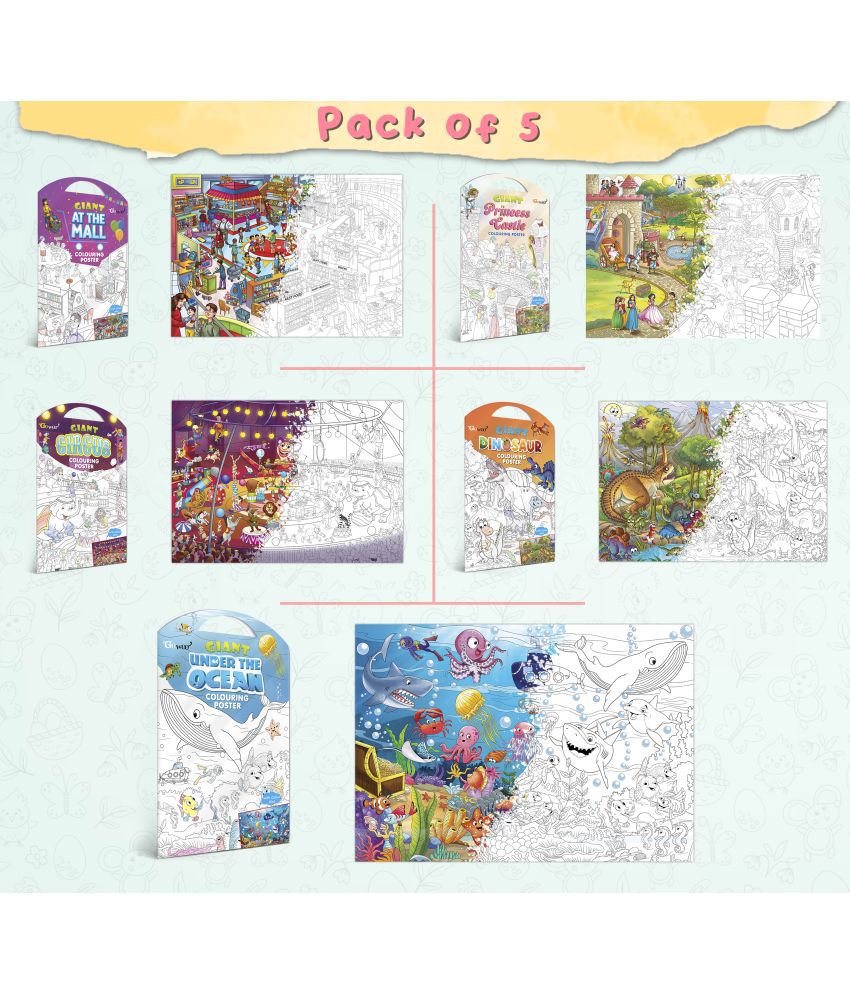     			GIANT AT THE MALL COLOURING POSTER, GIANT PRINCESS CASTLE COLOURING POSTER, GIANT CIRCUS COLOURING POSTER, GIANT DINOSAUR COLOURING POSTER and GIANT UNDER THE OCEAN COLOURING POSTER | Pack of 5 Posters I Enchanted Coloring Combo