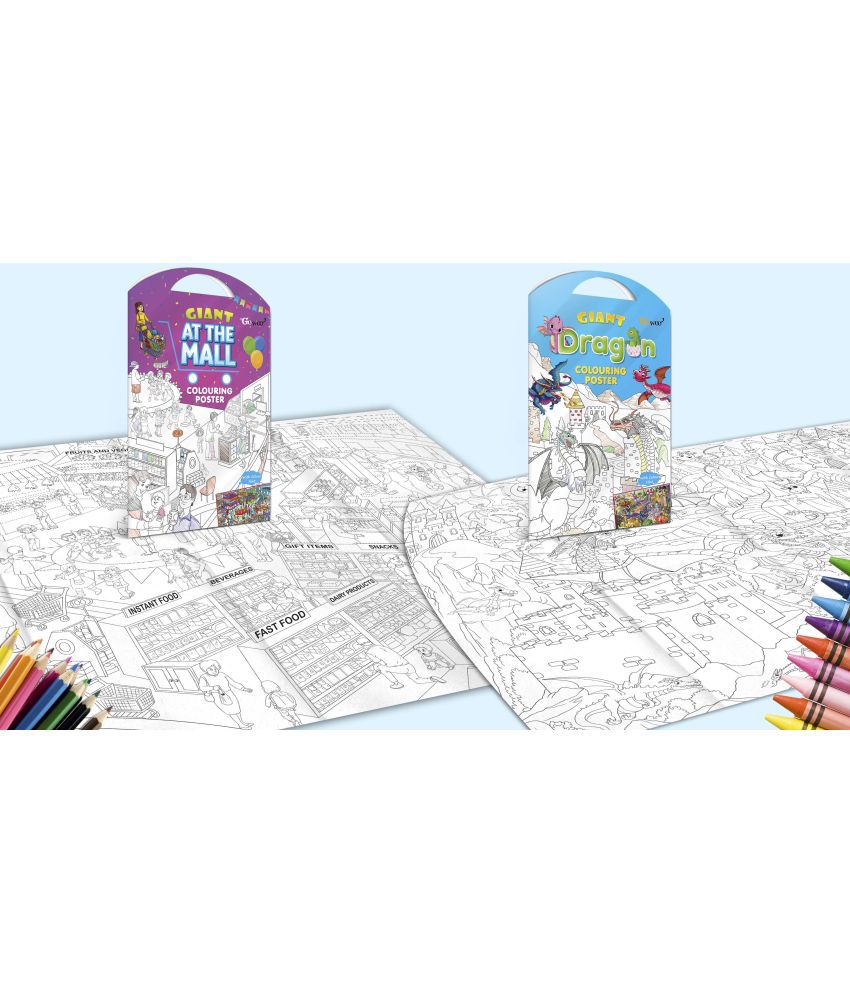     			GIANT AT THE MALL COLOURING POSTER and GIANT DRAGON COLOURING POSTER | Combo of 2 Posters I large colouring posters for adults
