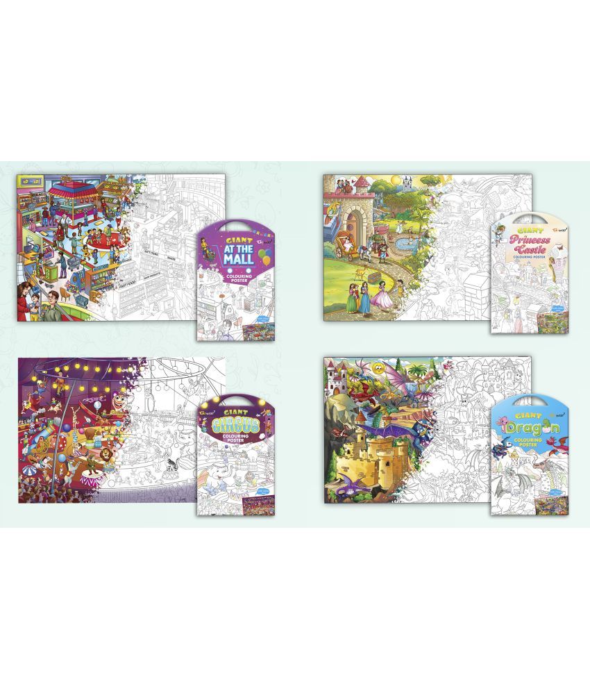     			GIANT AT THE MALL COLOURING POSTER, GIANT PRINCESS CASTLE COLOURING POSTER, GIANT CIRCUS COLOURING POSTER and GIANT DRAGON COLOURING POSTER | Pack of 4 Posters I Popular coloring posters