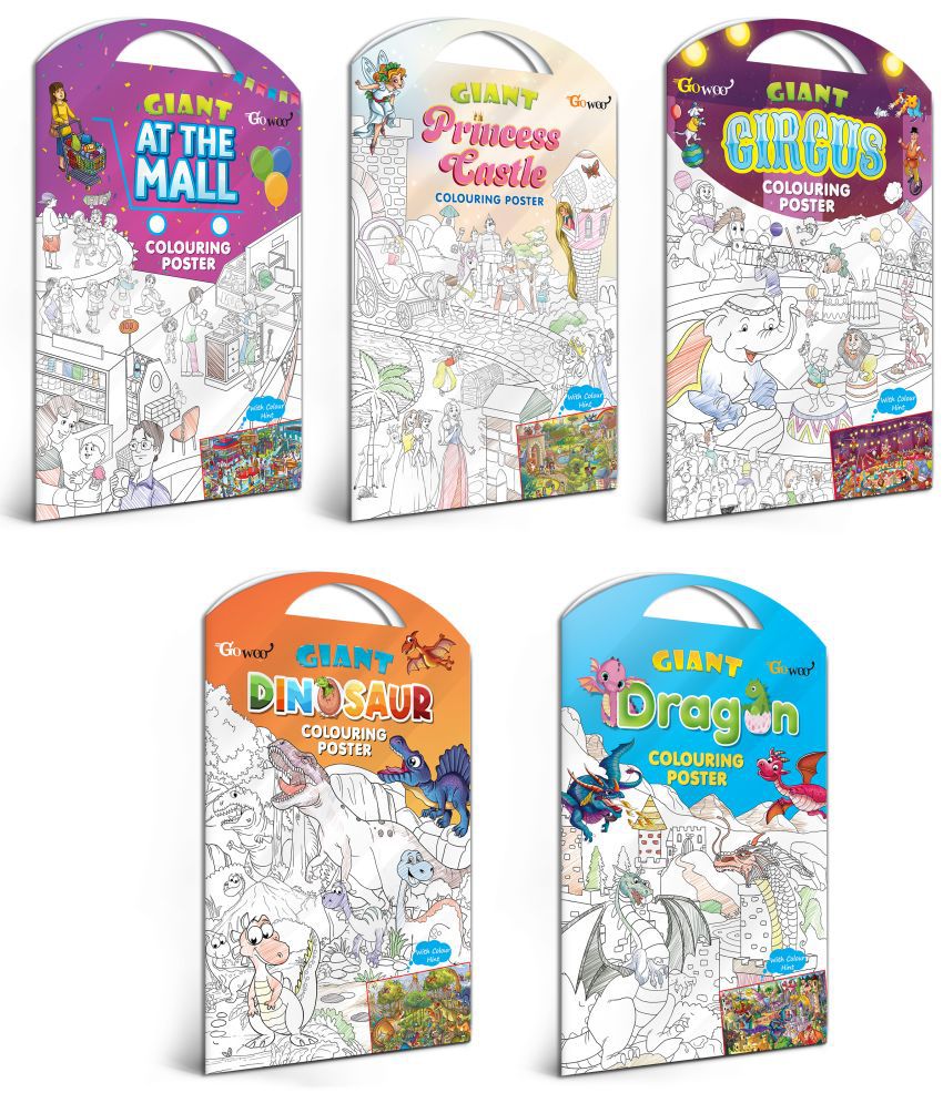     			GIANT AT THE MALL COLOURING POSTER, GIANT PRINCESS CASTLE COLOURING POSTER, GIANT CIRCUS COLOURING POSTER, GIANT DINOSAUR COLOURING POSTER and GIANT DRAGON COLOURING POSTER | Gift Pack of 5 Posters I large mindfulness colouring poster for kids