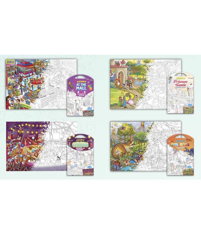     			GIANT AT THE MALL COLOURING POSTER, GIANT PRINCESS CASTLE COLOURING POSTER, GIANT CIRCUS COLOURING POSTER and GIANT DINOSAUR COLOURING POSTER | Gift Pack of 4 Posters I Best coloring posters