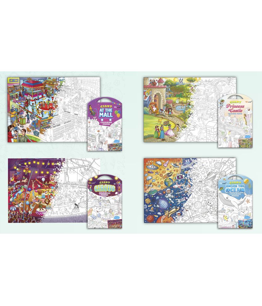     			GIANT AT THE MALL COLOURING POSTER, GIANT PRINCESS CASTLE COLOURING POSTER, GIANT CIRCUS COLOURING POSTER and GIANT UNDER THE OCEAN COLOURING POSTER Gift Pack of 4 Posters I Best coloring posters