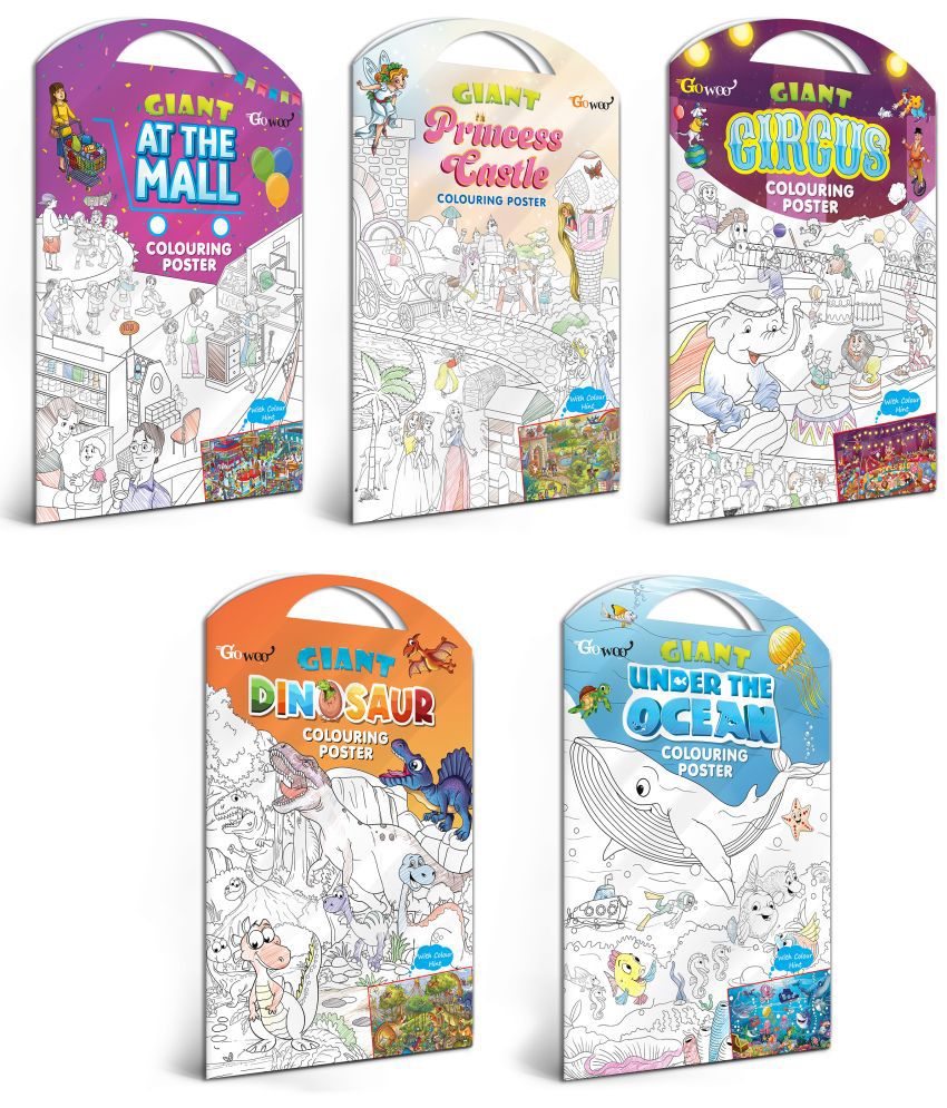     			GIANT AT THE MALL COLOURING POSTER, GIANT PRINCESS CASTLE COLOURING POSTER, GIANT CIRCUS COLOURING POSTER, GIANT DINOSAUR COLOURING POSTER and GIANT UNDER THE OCEAN COLOURING POSTER | Pack of 5 Posters I Coloring poster sets for kids