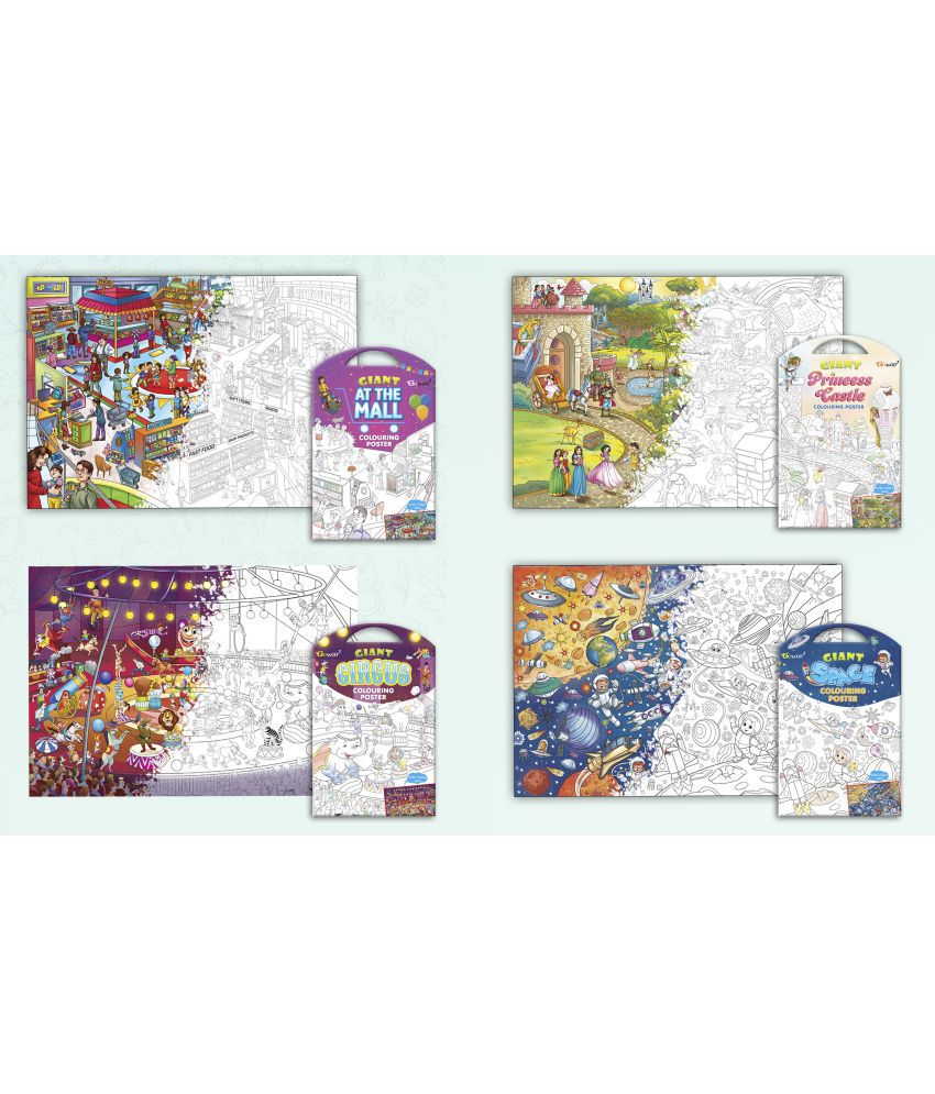     			GIANT AT THE MALL COLOURING POSTER, GIANT PRINCESS CASTLE COLOURING POSTER, GIANT CIRCUS COLOURING POSTER and GIANT SPACE COLOURING POSTER | Combo of 4 Posters I jumbo size colouring poster