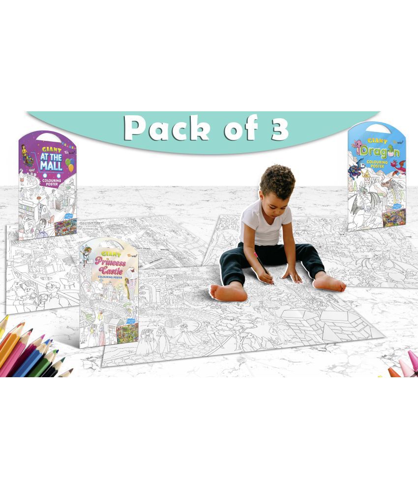    			GIANT AT THE MALL COLOURING POSTER, GIANT PRINCESS CASTLE COLOURING POSTER and GIANT DRAGON COLOURING POSTER | Gift Pack of 3 Posters I  Coloring Posters Value Pack