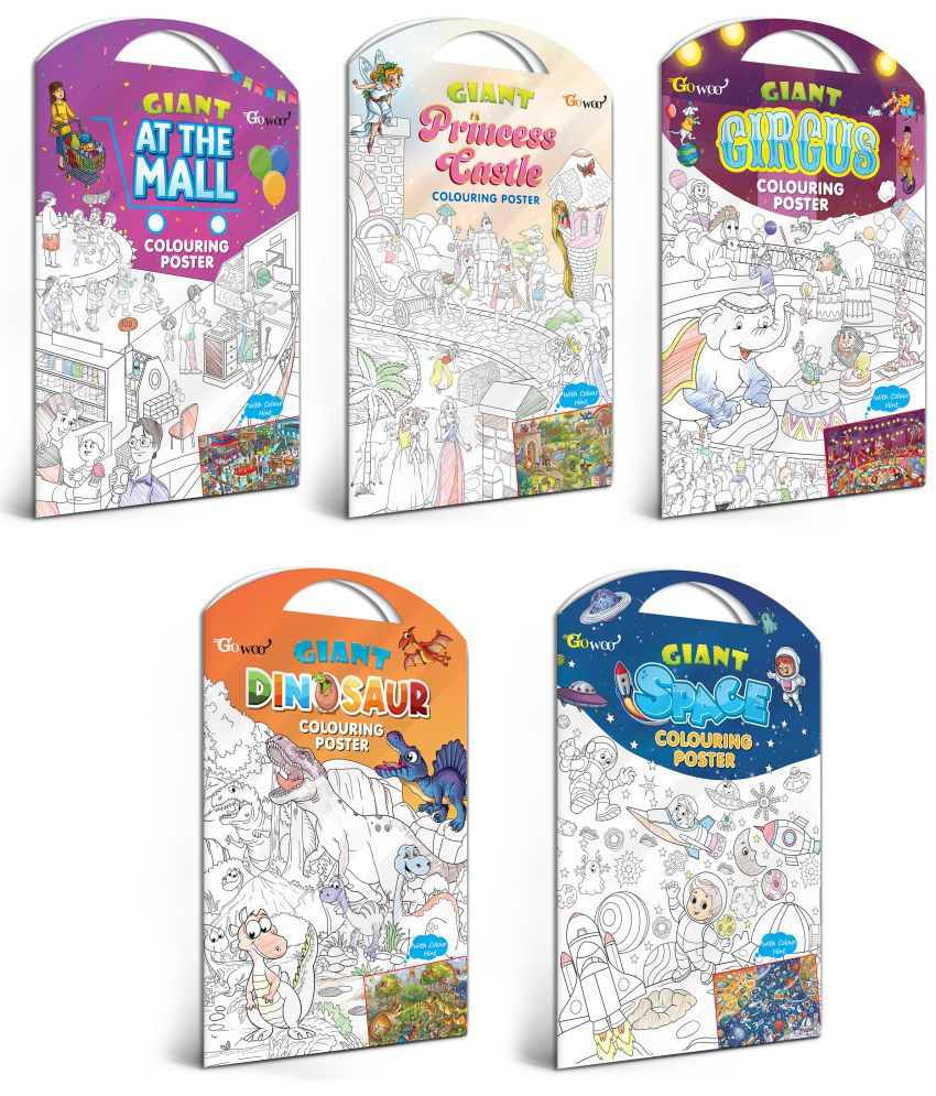     			GIANT AT THE MALL COLOURING POSTER, GIANT PRINCESS CASTLE COLOURING POSTER, GIANT CIRCUS COLOURING POSTER, GIANT DINOSAUR COLOURING POSTER and GIANT SPACE COLOURING POSTER | Pack of 5 Posters I Art Therapy Coloring Combo Set