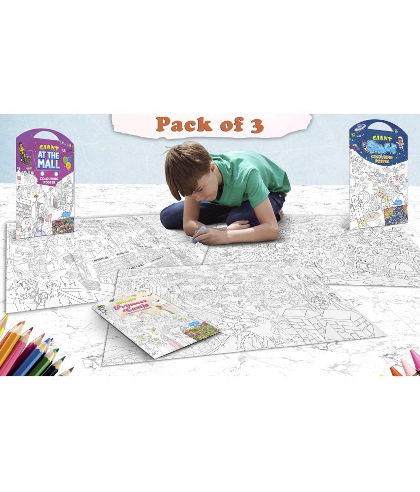     			GIANT AT THE MALL COLOURING POSTER, GIANT PRINCESS CASTLE COLOURING POSTER and GIANT SPACE COLOURING POSTER | Combo of 3 Posters I Giant Coloring Poster for Kids