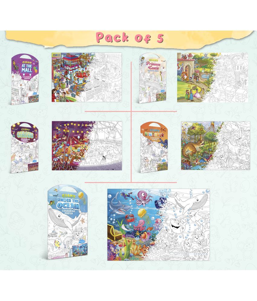     			GIANT AT THE MALL COLOURING POSTER, GIANT PRINCESS CASTLE COLOURING POSTER, GIANT CIRCUS COLOURING POSTER, GIANT DINOSAUR COLOURING POSTER and GIANT UNDER THE OCEAN COLOURING POSTER | Pack of 5 Posters I Coloring Posters Gift Set for kids