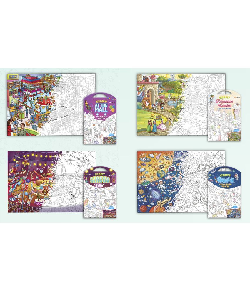     			GIANT AT THE MALL COLOURING POSTER, GIANT PRINCESS CASTLE COLOURING POSTER, GIANT CIRCUS COLOURING POSTER and GIANT SPACE COLOURING POSTER | Gift Pack of 4 Posters I Popular kids coloring posters