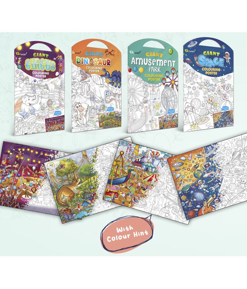     			GIANT CIRCUS COLOURING POSTER, GIANT DINOSAUR COLOURING POSTER, GIANT AMUSEMENT PARK COLOURING POSTER and GIANT SPACE COLOURING POSTER | Combo pack of 4 Posters I Vibrant Coloring Pack