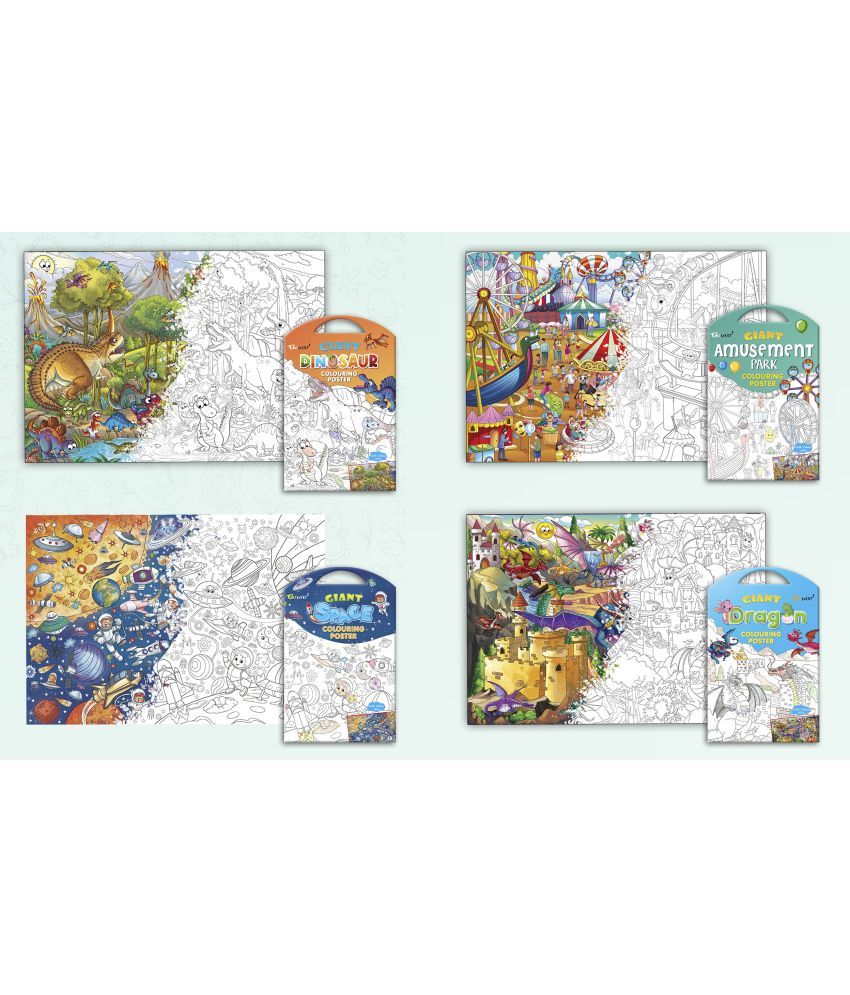     			GIANT DINOSAUR COLOURING POSTER, GIANT AMUSEMENT PARK COLOURING POSTER, GIANT SPACE COLOURING POSTER and GIANT DRAGON COLOURING POSTER | Combo of 4 Posters I big colouring poster for kids