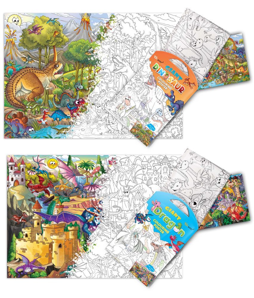     			GIANT DINOSAUR COLOURING POSTER and GIANT DRAGON COLOURING POSTER | Gift Pack of 2 Posters I jumbo wall colouring posters