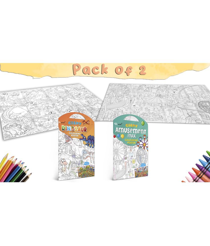     			GIANT DINOSAUR COLOURING POSTER and GIANT AMUSEMENT PARK COLOURING POSTER | Combo pack of 2 posters I Colourful Illustrated Posters