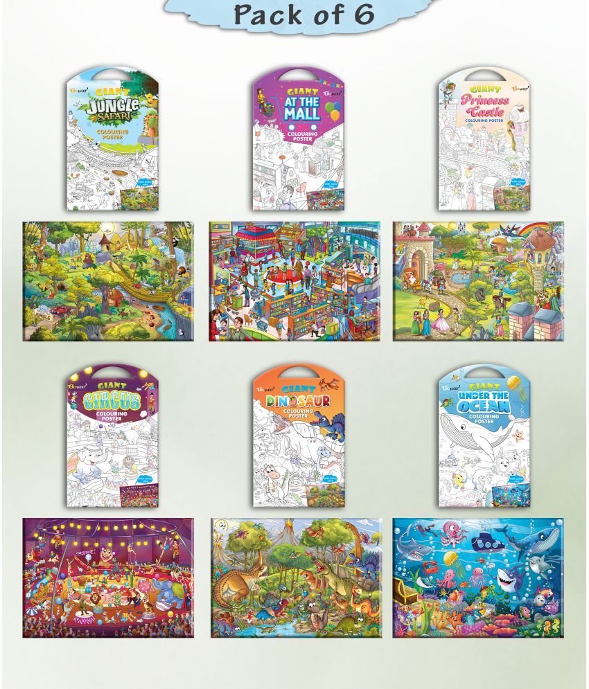     			GIANT JUNGLE SAFARI COLOURING , GIANT AT THE MALL COLOURING , GIANT PRINCESS CASTLE COLOURING , GIANT CIRCUS COLOURING , GIANT DINOSAUR COLOURING  and GIANT UNDER THE OCEAN COLOURING  | Set of 6 s I big colouring  for 10+