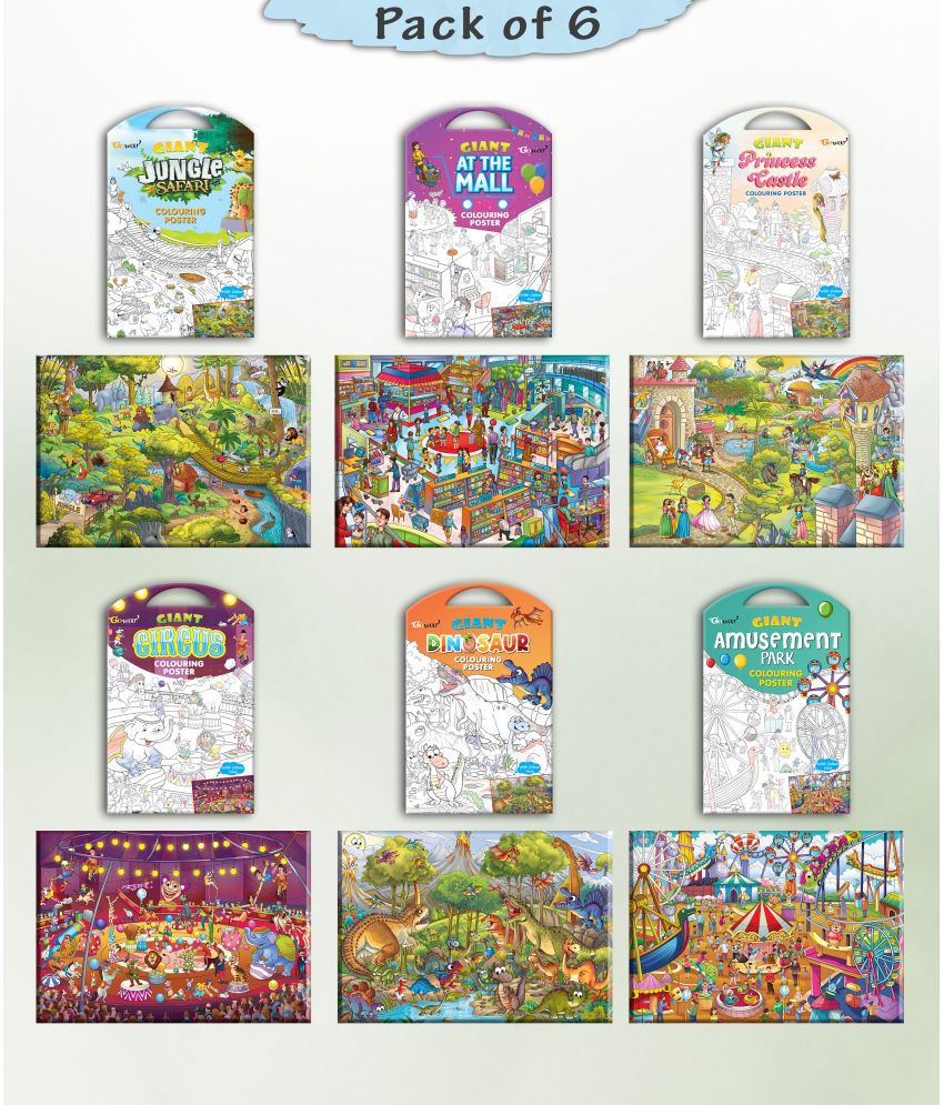     			GIANT JUNGLE SAFARI COLOURING , GIANT AT THE MALL COLOURING , GIANT PRINCESS CASTLE COLOURING , GIANT CIRCUS COLOURING , GIANT DINOSAUR COLOURING  and GIANT AMUSEMENT PARK COLOURING  | Combo of 6 s I Coloring  sets for children