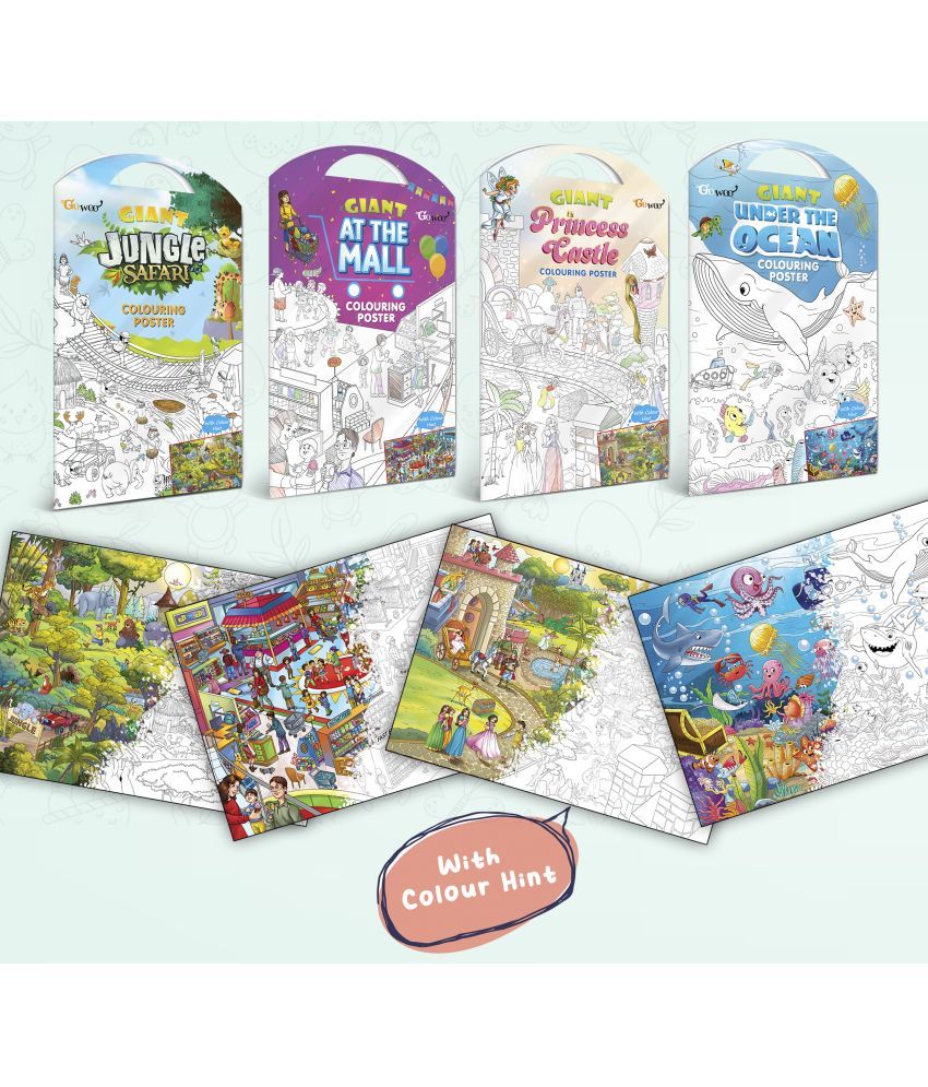     			GIANT JUNGLE SAFARI COLOURING POSTER, GIANT AT THE MALL COLOURING POSTER, GIANT PRINCESS CASTLE COLOURING POSTER and GIANT UNDER THE OCEAN COLOURING POSTER | Pack of 4 Posters I Popular adults coloring posters