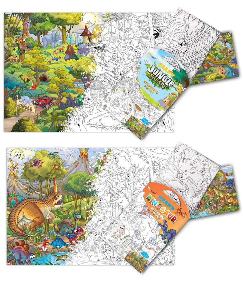     			GIANT JUNGLE SAFARI COLOURING POSTER and GIANT DINOSAUR COLOURING POSTER | Gift Pack of 2 Posters I best colouring kit for 10+ kids