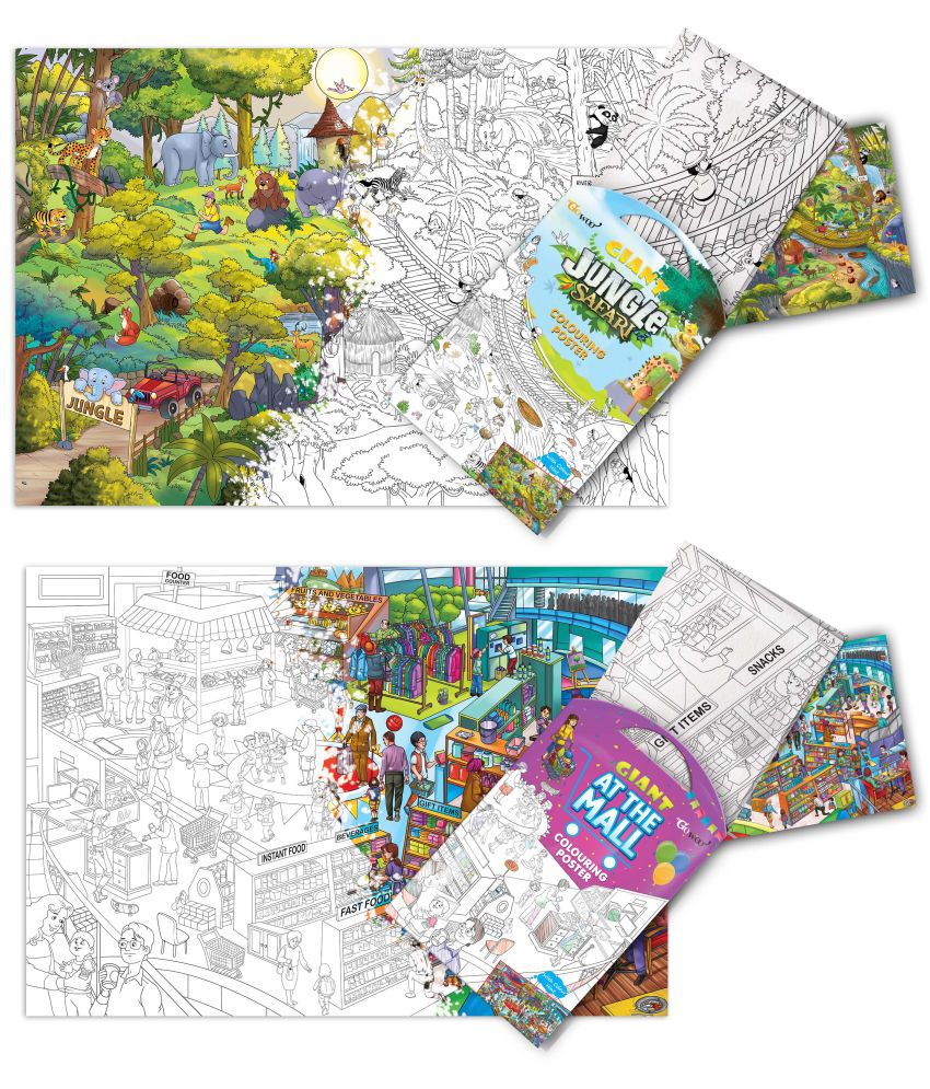     			GIANT JUNGLE SAFARI COLOURING POSTER and GIANT AT THE MALL COLOURING POSTER | Gift Pack of 2 Posters I Giant Coloring Posters Multipack