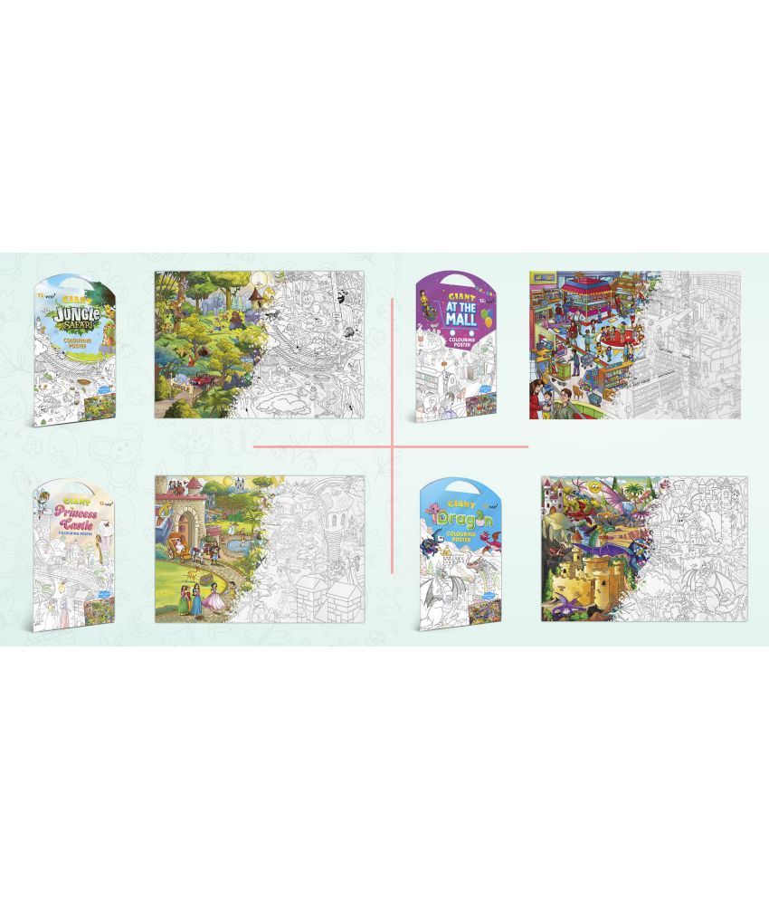     			GIANT JUNGLE SAFARI COLOURING POSTER, GIANT AT THE MALL COLOURING POSTER, GIANT PRINCESS CASTLE COLOURING POSTER and GIANT DRAGON COLOURING POSTER | Combo pack of 4 Posters I Best coloring posters for kids