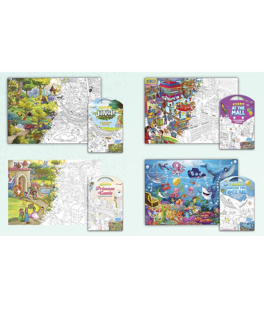     			GIANT JUNGLE SAFARI COLOURING POSTER, GIANT AT THE MALL COLOURING POSTER, GIANT PRINCESS CASTLE COLOURING POSTER and GIANT UNDER THE OCEAN COLOURING POSTER | Set of 4 Charts I Perfect match for creative minds