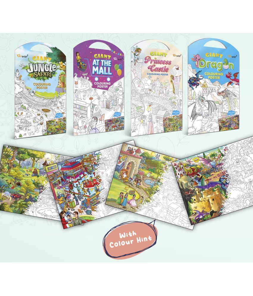     			GIANT JUNGLE SAFARI COLOURING POSTER, GIANT AT THE MALL COLOURING POSTER, GIANT PRINCESS CASTLE COLOURING POSTER and GIANT DRAGON COLOURING POSTER | Combo of 4 Posters I Affordable coloring posters