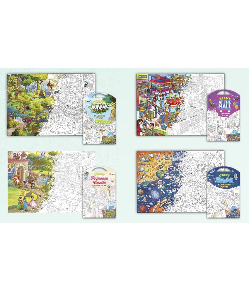     			GIANT JUNGLE SAFARI COLOURING POSTER, GIANT AT THE MALL COLOURING POSTER, GIANT PRINCESS CASTLE COLOURING POSTER and GIANT SPACE COLOURING POSTER | Combo pack of 4 Posters I Best coloring posters for kids