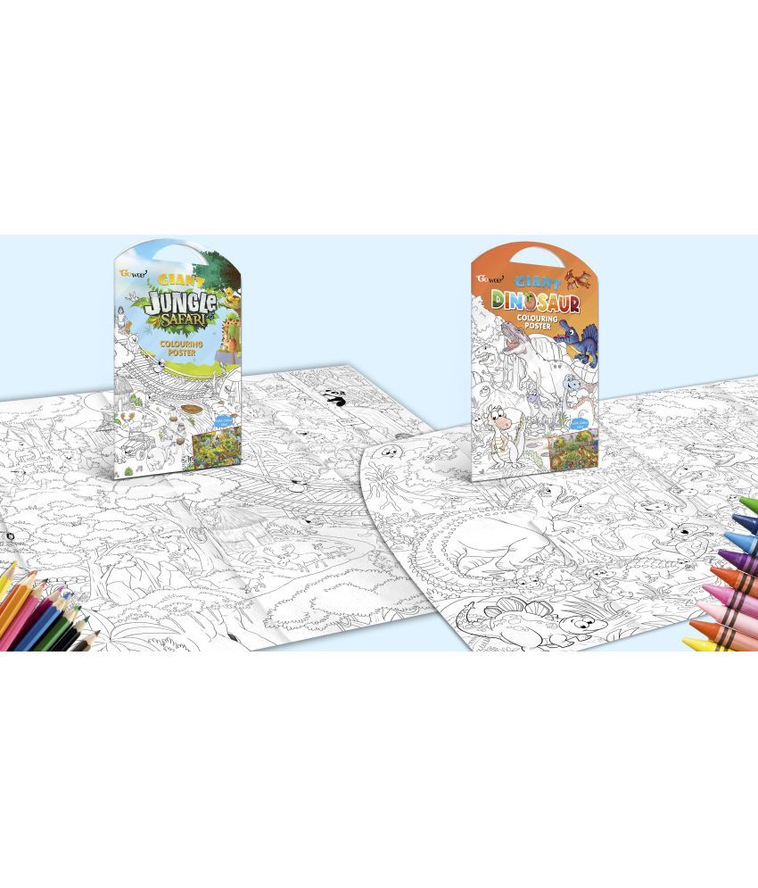     			GIANT JUNGLE SAFARI COLOURING POSTER and GIANT DINOSAUR COLOURING POSTER | Pack of 2 Posters I perfect colouring poster set for siblings