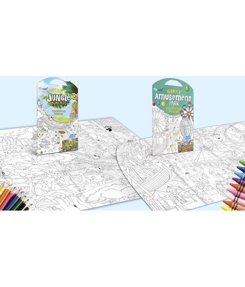     			GIANT JUNGLE SAFARI COLOURING POSTER and GIANT AMUSEMENT PARK COLOURING POSTER | Gift Pack of 2 Posters I best colouring kit for 10+ kids