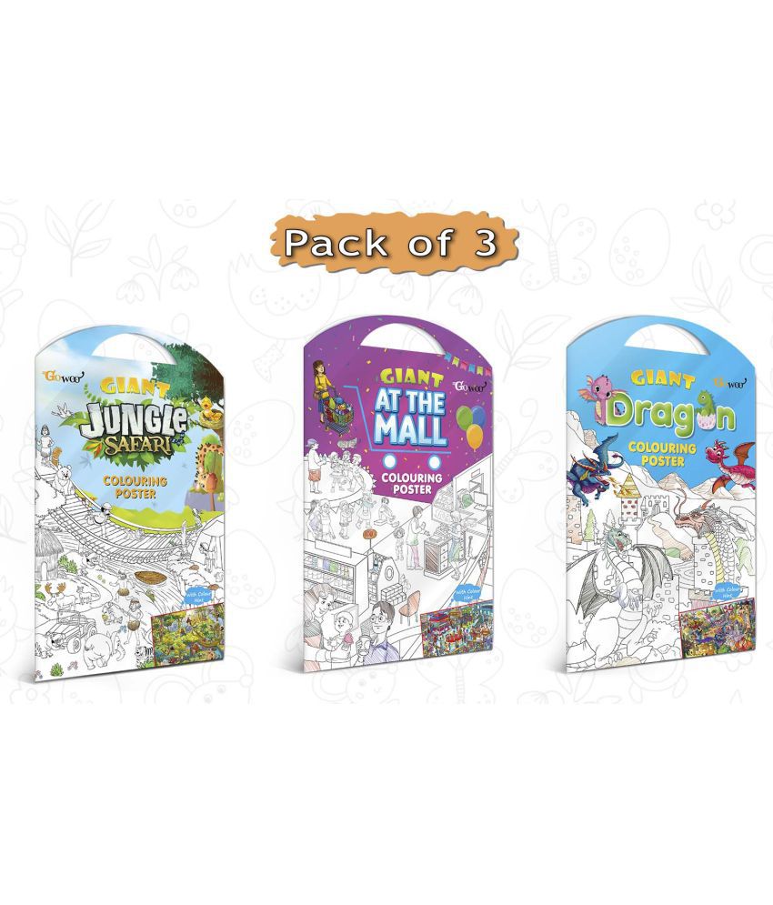     			GIANT JUNGLE SAFARI COLOURING POSTER, GIANT AT THE MALL COLOURING POSTER and GIANT DRAGON COLOURING POSTER | Combo of 3 Posters I Stress-relieving posters