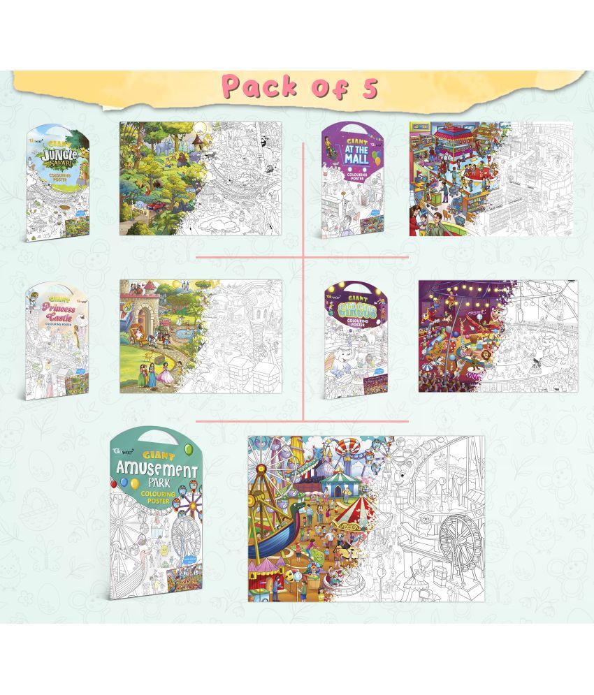     			GIANT JUNGLE SAFARI COLOURING POSTER, GIANT AT THE MALL COLOURING POSTER, GIANT PRINCESS CASTLE COLOURING POSTER, GIANT CIRCUS COLOURING POSTER and GIANT AMUSEMENT PARK COLOURING POSTER | Combo pack of 5 Posters I giant colouring poster for 8+