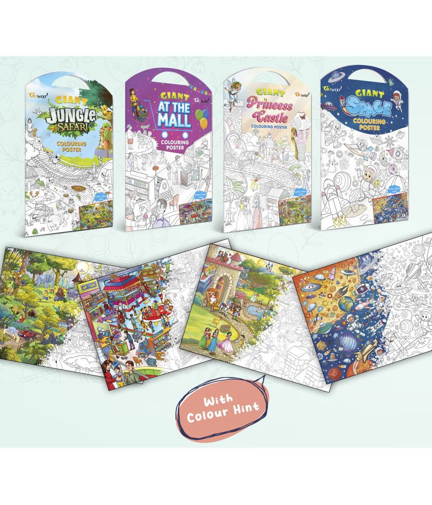     			GIANT JUNGLE SAFARI COLOURING POSTER, GIANT AT THE MALL COLOURING POSTER, GIANT PRINCESS CASTLE COLOURING POSTER and GIANT SPACE COLOURING POSTER | Set of 3 Charts I Perfect match for creative minds