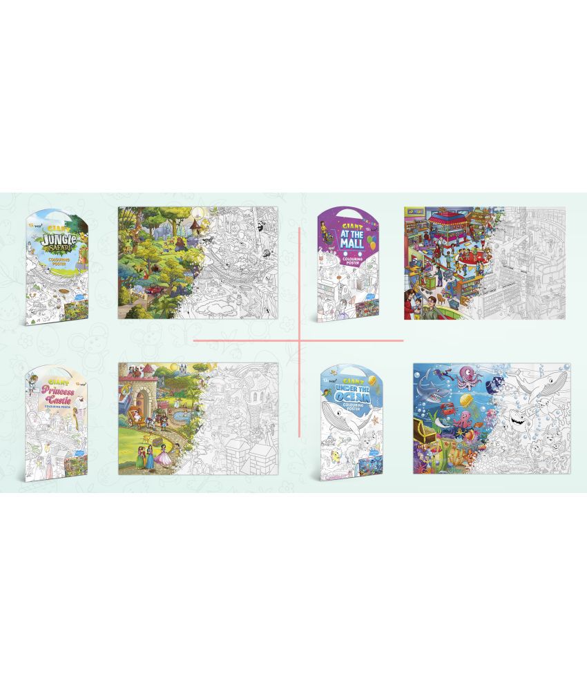     			GIANT JUNGLE SAFARI COLOURING POSTER, GIANT AT THE MALL COLOURING POSTER, GIANT PRINCESS CASTLE COLOURING POSTER and GIANT UNDER THE OCEAN COLOURING POSTER | Combo of 4 Posters I Affordable coloring posters
