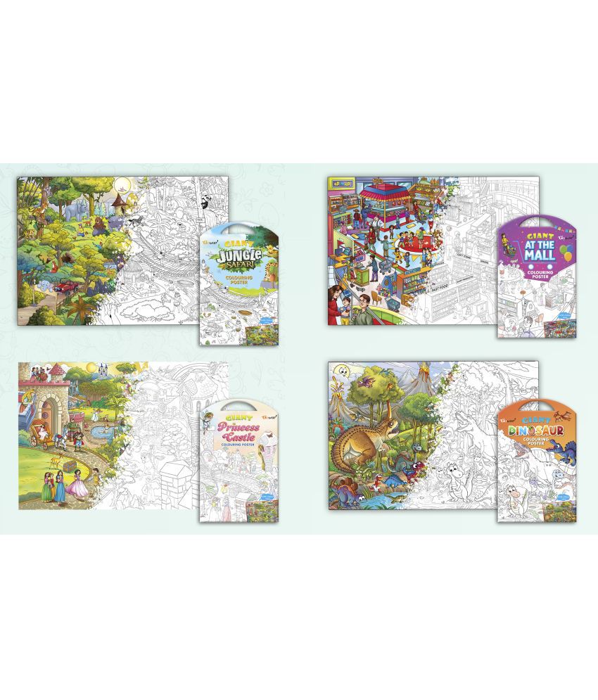     			GIANT JUNGLE SAFARI COLOURING POSTER, GIANT AT THE MALL COLOURING POSTER, GIANT PRINCESS CASTLE COLOURING POSTER and GIANT DINOSAUR COLOURING POSTER | Combo pack of 4 Posters I Best coloring posters for kids