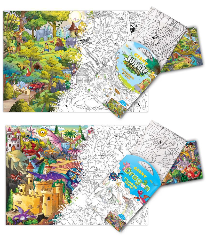     			GIANT JUNGLE SAFARI COLOURING POSTER and GIANT DRAGON COLOURING POSTER | Combo pack of 2 Posters I giant posters to colour